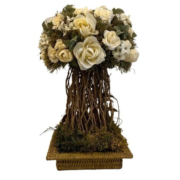 Vntage Floral Arrangement Centerpiece White Roses Twigs - Picture 1 of 5